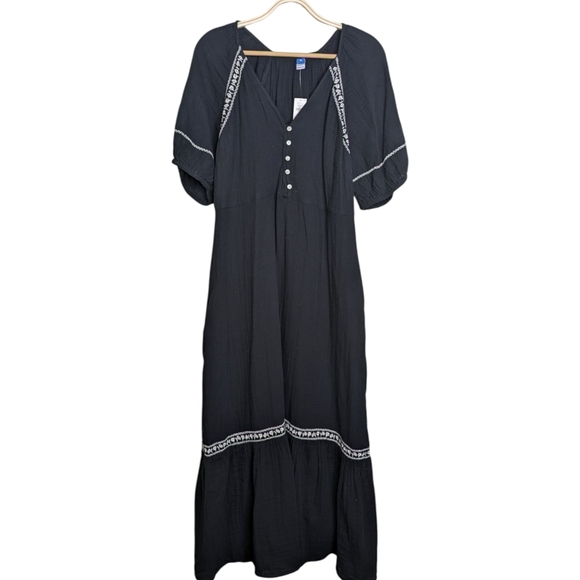 NEW Old Navy Crinkle Crepe Embroidered Maxi Swing Dress Black Peasant Boho XL - Picture 1 of 13